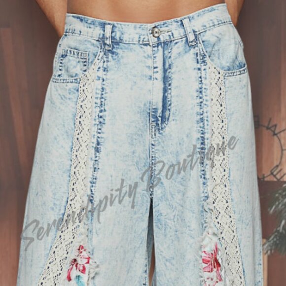 POL Boho Girly Style Lace Floral Flowy Wide Leg Baggy Acid Denim Extreme Flare - Picture 6 of 9